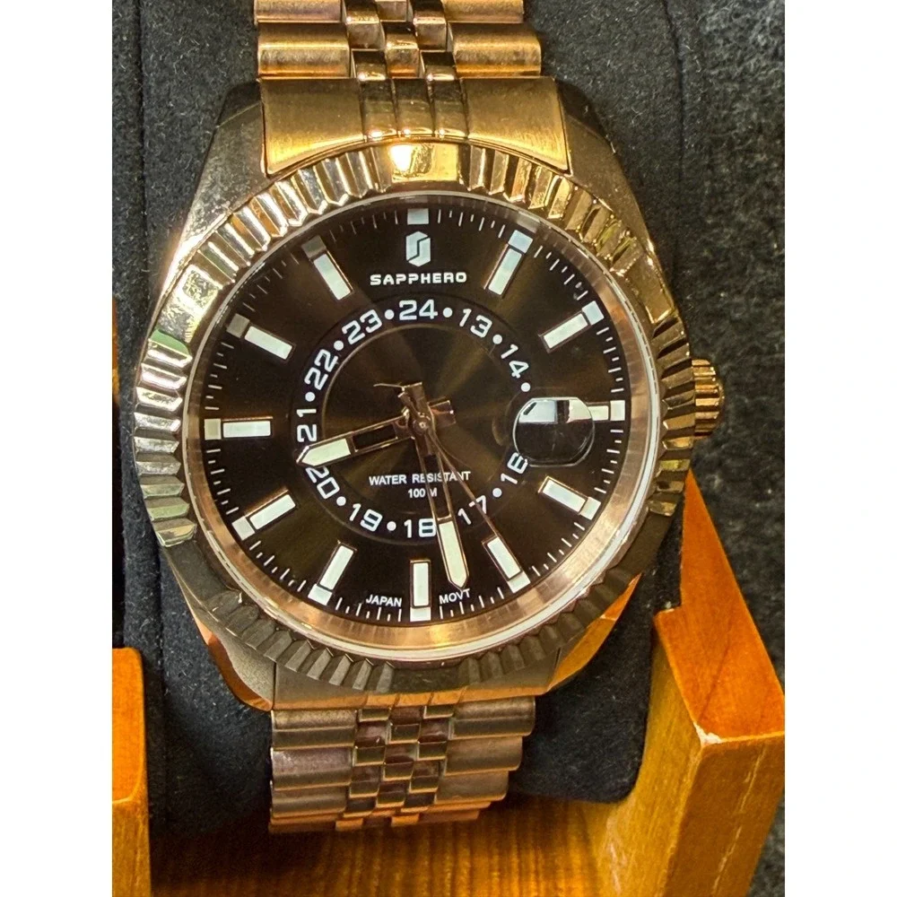 SAPPHERO SO2101S Mens Rose Gold Brown Dial Quartz Watch 42mm Jubilee New Battery